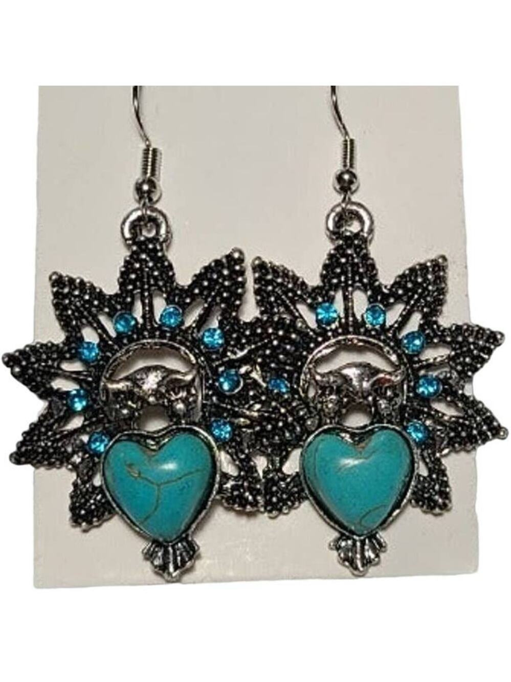 Silver Turquoise Stone Sun Owl Dangle Drop Earrings